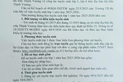 Về việc tuyển sinh lớp 1 năm học 2025-2026 của Trường Tiểu học thị trấn Me